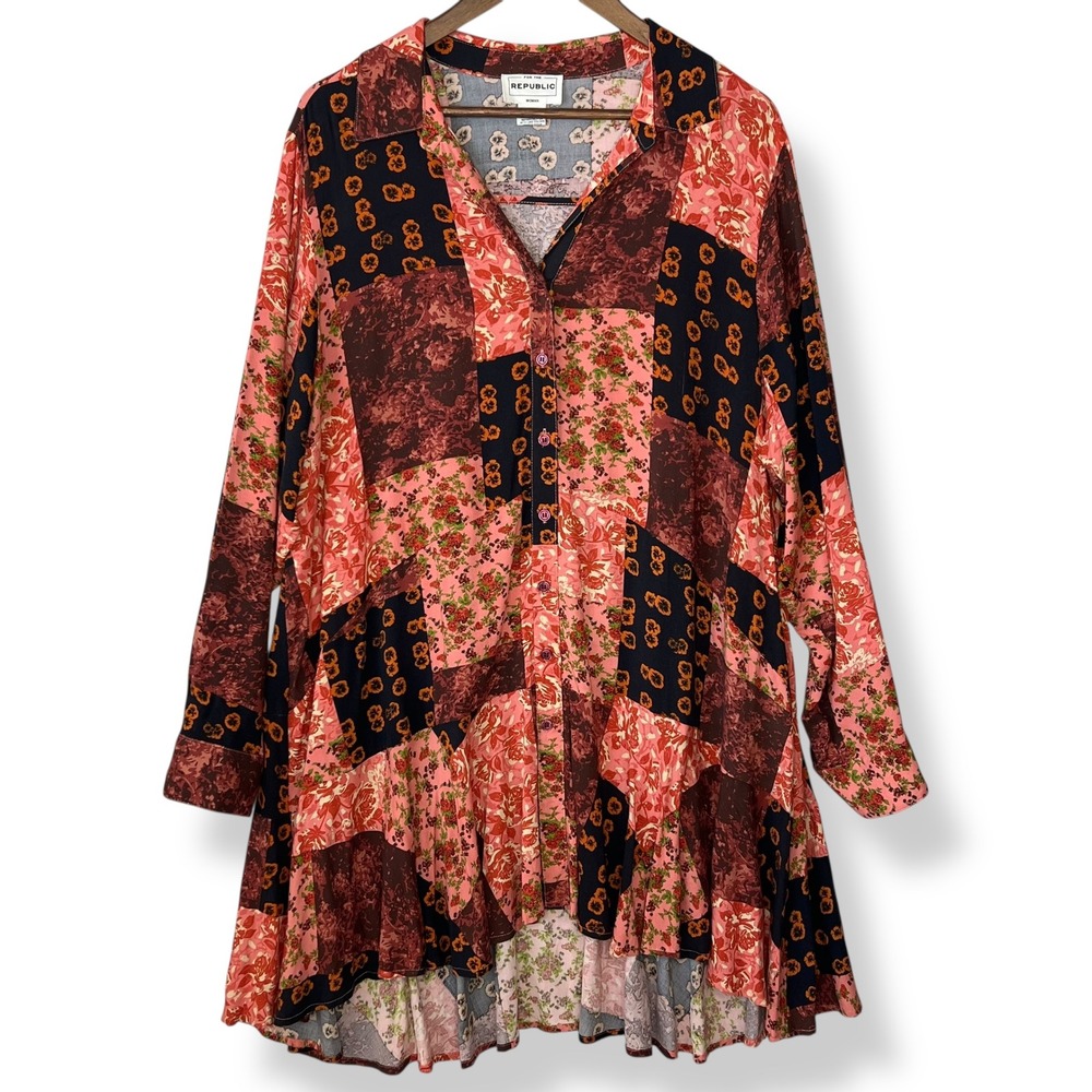 For The Republic 1X Tunic Top Patchwork‎ Floral Rayon High Low Mixed Print Boho